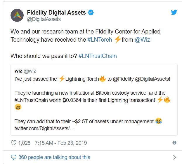 比特币最强后盾！管理着7.2万亿美元的Fidelity成为第一家机构"闪电火炬手"