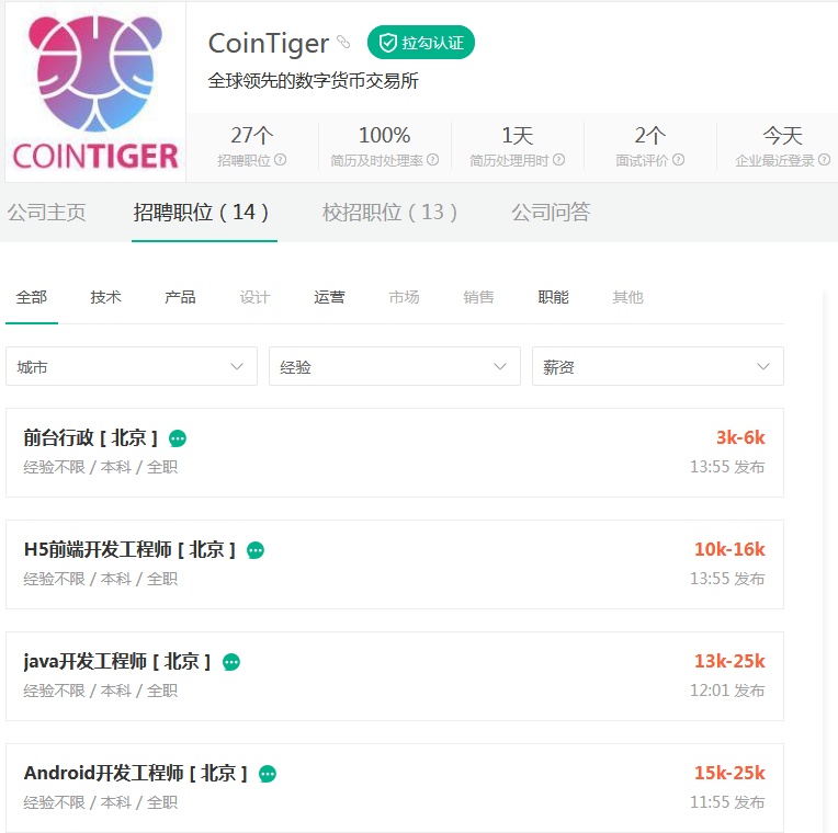 Cointiger拉勾网招聘信息2