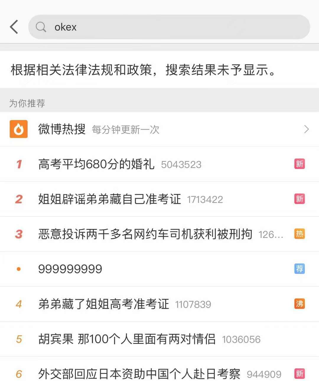 币安、火币、OKEx等关键词被微博、百度屏蔽