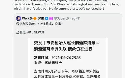 币安创始人赵长鹏在迪拜冲浪被激流卷走失踪？赵长鹏：假新闻
